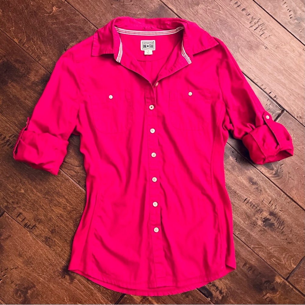 Vintage Converse all star button down up long sleeves bright pink size Small